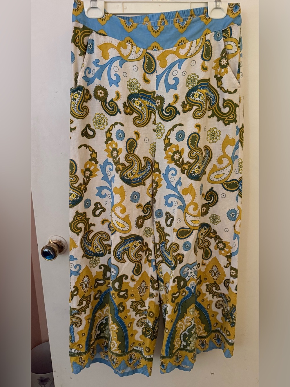 Haute Hippie Cream Paisley Wide-Leg Pants with Blue & Olive Accents